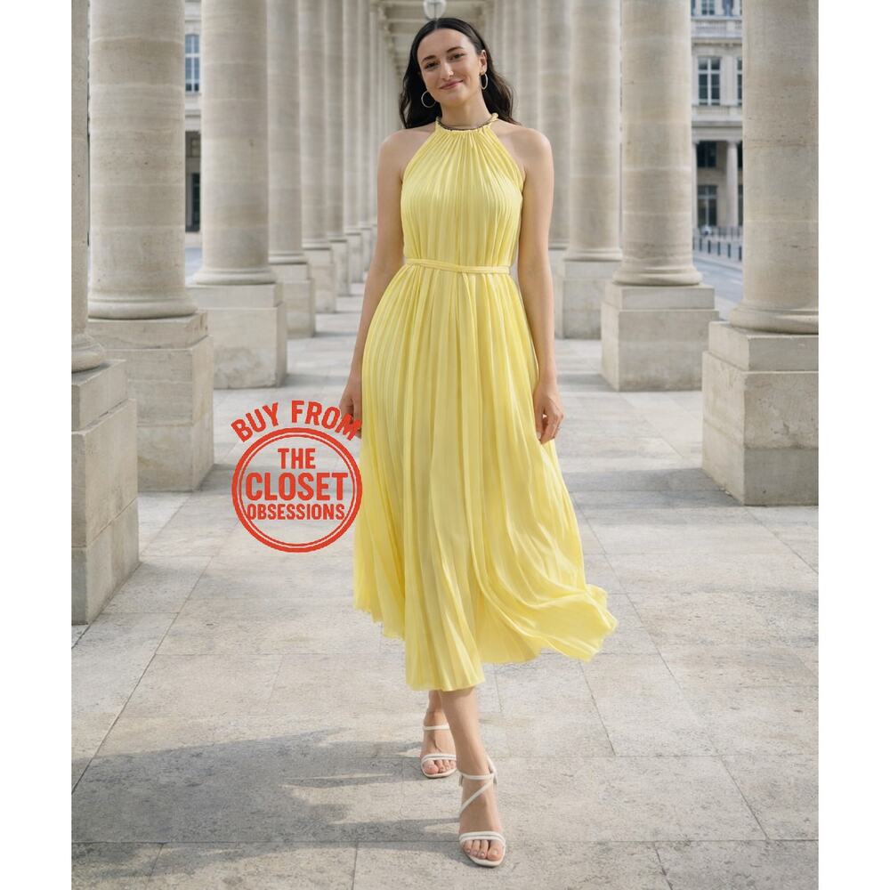 Mango NWT Butter Yellow Pleated Halter Midi Dress 8 - Picture 9 of 16